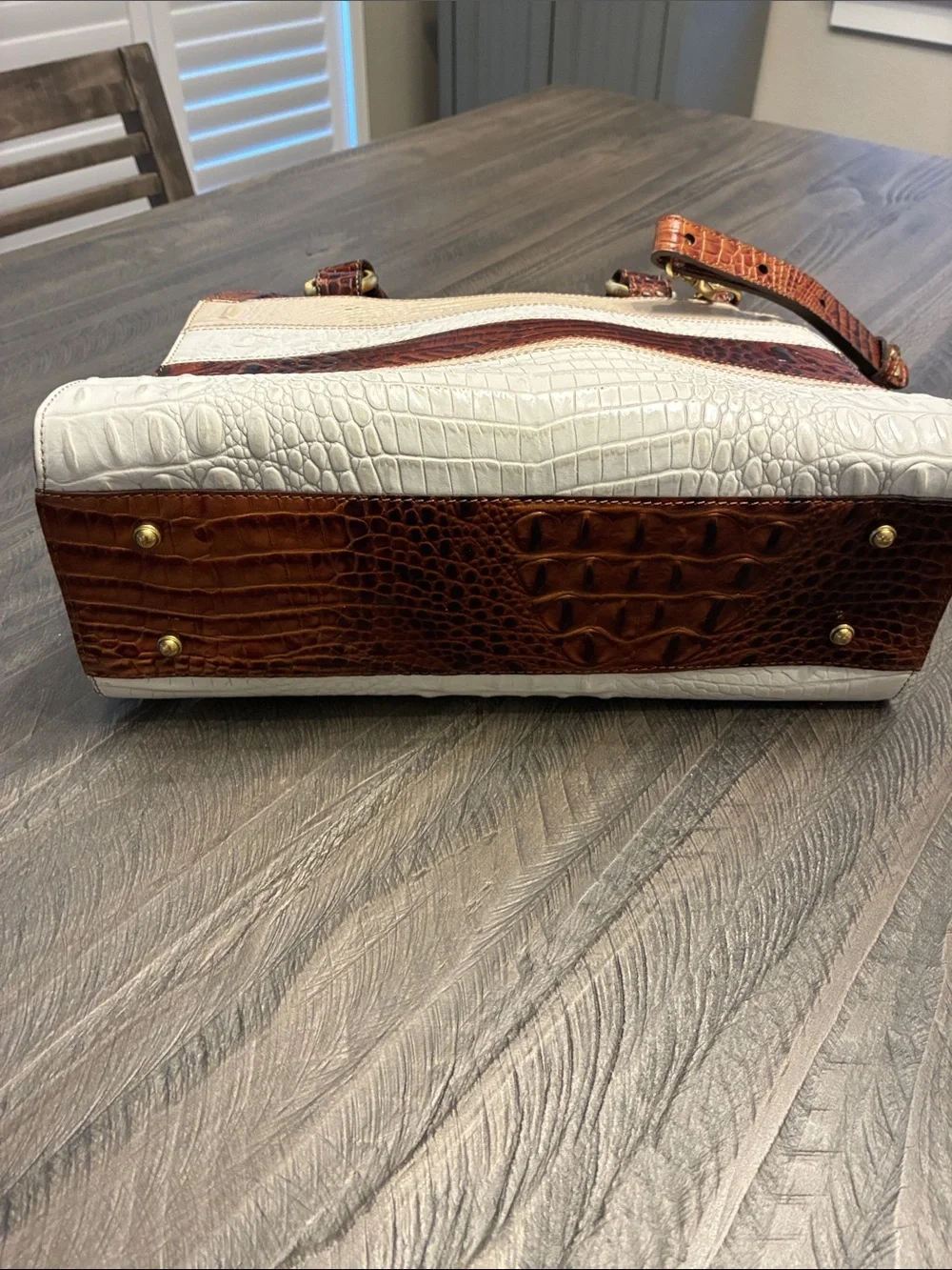 Brahmin Mandy Whisper Vineyard Brown and White Croc-Embossed Stripe Satchel